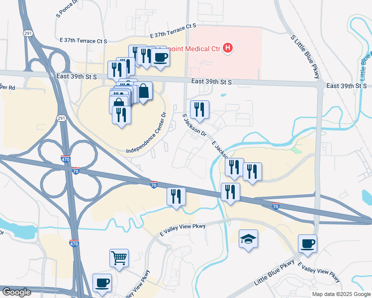 map of restaurants, bars, coffee shops, grocery stores, and more near 3980 South Jackson Drive in Independence