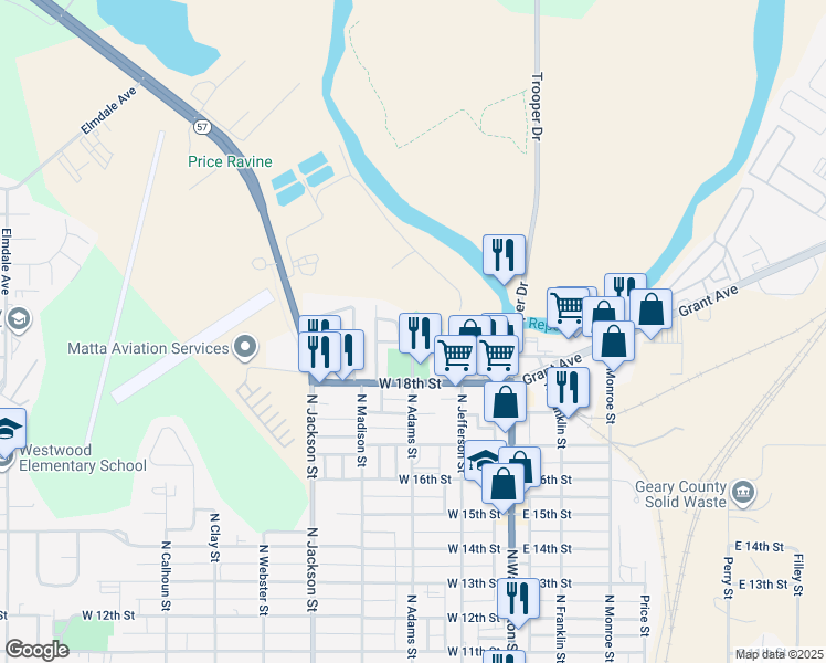 map of restaurants, bars, coffee shops, grocery stores, and more near 1925 Buffalo Soldier Parkway in Junction City
