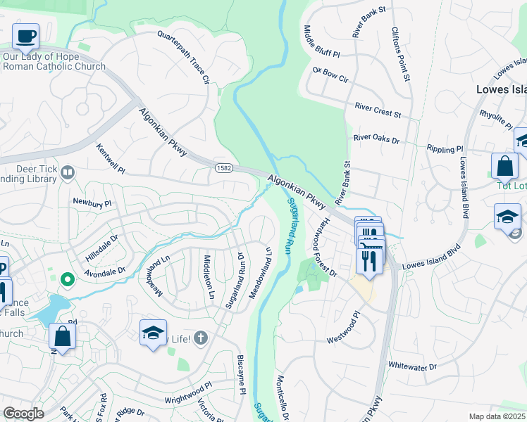 map of restaurants, bars, coffee shops, grocery stores, and more near 18 Brookfield Circle in Sterling