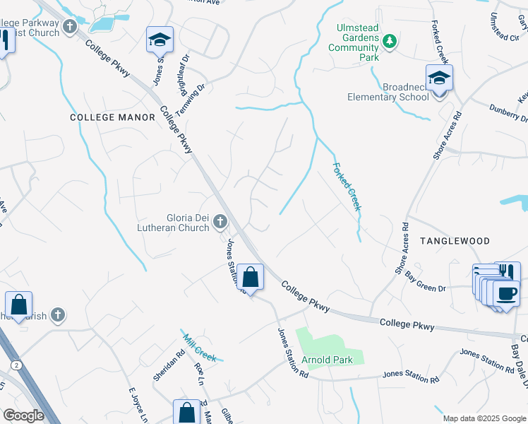 map of restaurants, bars, coffee shops, grocery stores, and more near 1222 Driftwood Court in Arnold