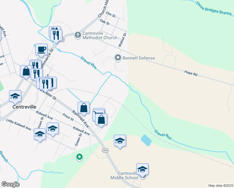 map of restaurants, bars, coffee shops, grocery stores, and more near 500 Little Hut Drive in Centreville