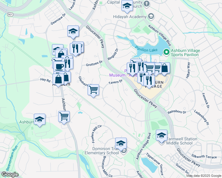 map of restaurants, bars, coffee shops, grocery stores, and more near 20709 Globe Mills Ct in Ashburn