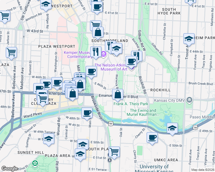 map of restaurants, bars, coffee shops, grocery stores, and more near 4550 Warwick Boulevard in Kansas City