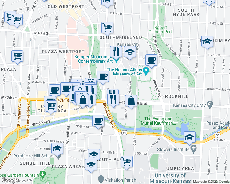 map of restaurants, bars, coffee shops, grocery stores, and more near Walnut Street & East 46 Street in Kansas City