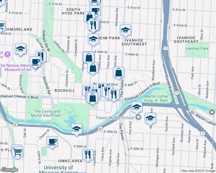 map of restaurants, bars, coffee shops, grocery stores, and more near 1301 Brush Creek Boulevard in Kansas City