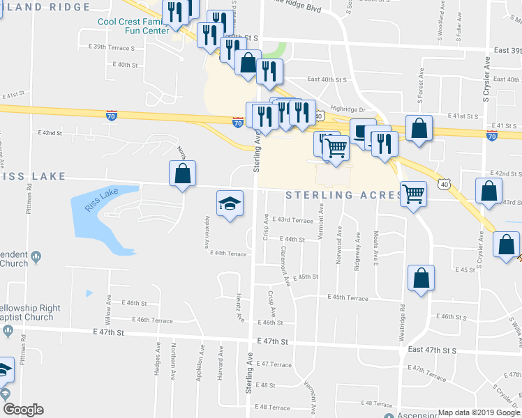 map of restaurants, bars, coffee shops, grocery stores, and more near 4315 Sterling Ave in Kansas City
