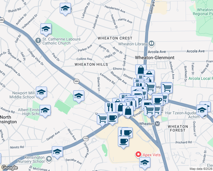 map of restaurants, bars, coffee shops, grocery stores, and more near 2707 Finley Street in Silver Spring