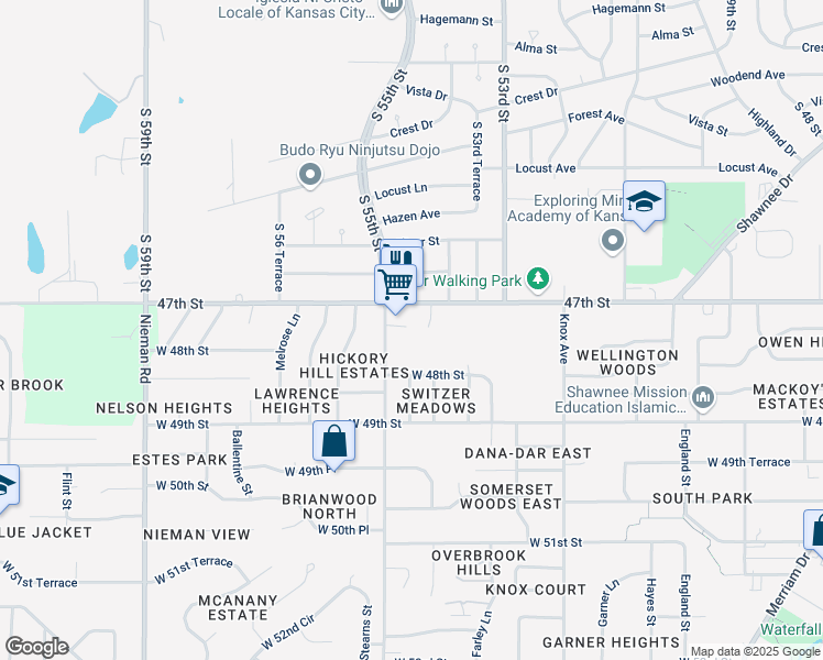 map of restaurants, bars, coffee shops, grocery stores, and more near 4709 Switzer Road in Merriam