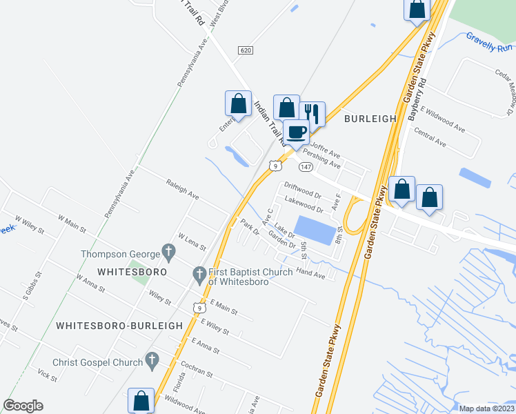 map of restaurants, bars, coffee shops, grocery stores, and more near 1402 U.S. 9 in Whitesboro-Burleigh