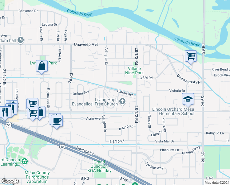 map of restaurants, bars, coffee shops, grocery stores, and more near 2825 Oxford Avenue in Grand Junction