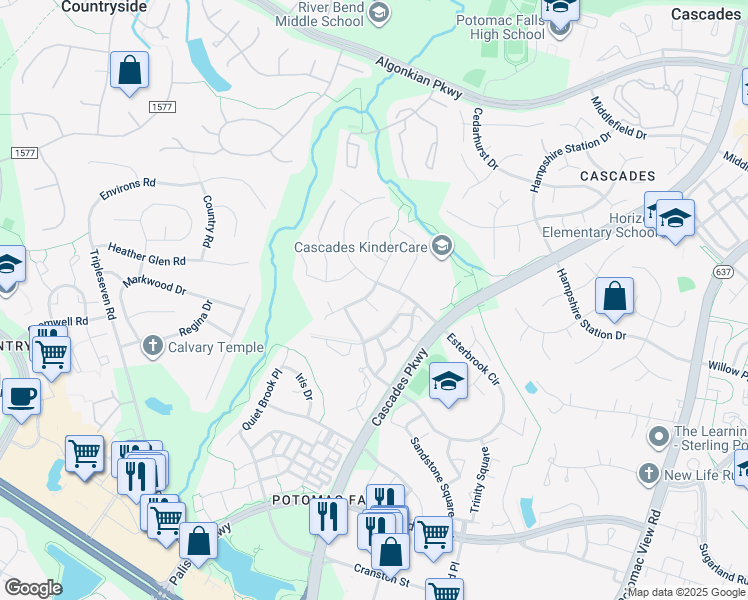 map of restaurants, bars, coffee shops, grocery stores, and more near 46261 Allsbrook Place in Sterling
