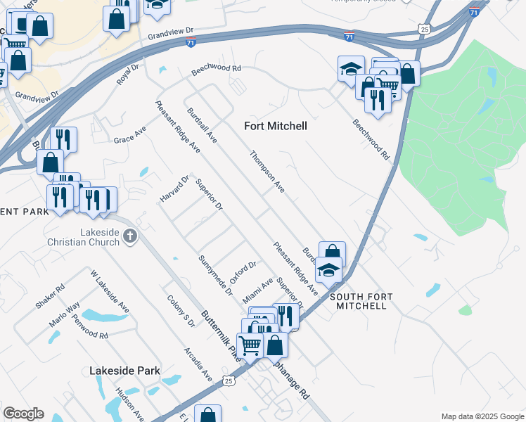 map of restaurants, bars, coffee shops, grocery stores, and more near 71 Burdsall Avenue in Fort Mitchell