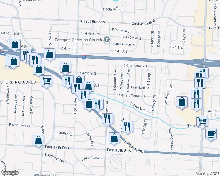 map of restaurants, bars, coffee shops, grocery stores, and more near 12510 East 43rd Street South in Independence
