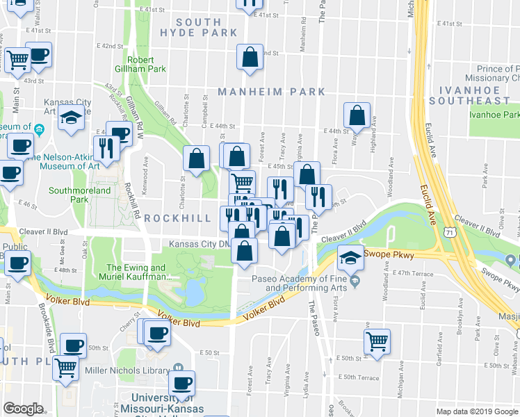 map of restaurants, bars, coffee shops, grocery stores, and more near 1119 Brush Creek Boulevard in Kansas City