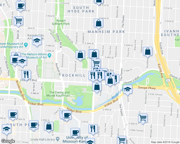 map of restaurants, bars, coffee shops, grocery stores, and more near 4601 Harrison Street in Kansas City