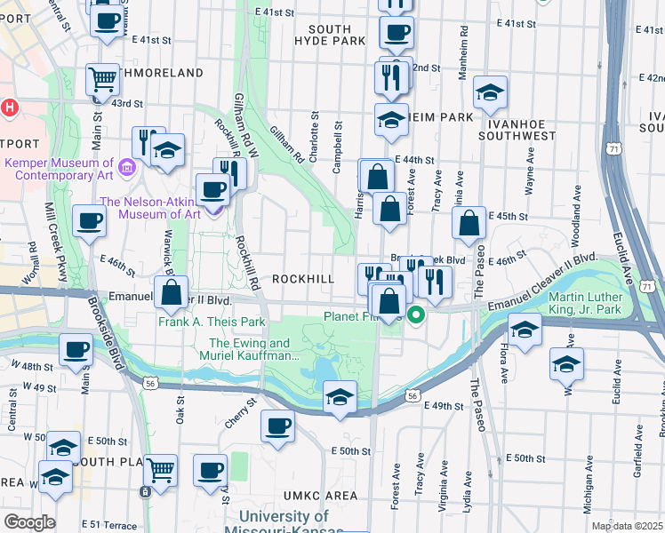 map of restaurants, bars, coffee shops, grocery stores, and more near 901 Brush Creek Boulevard in Kansas City