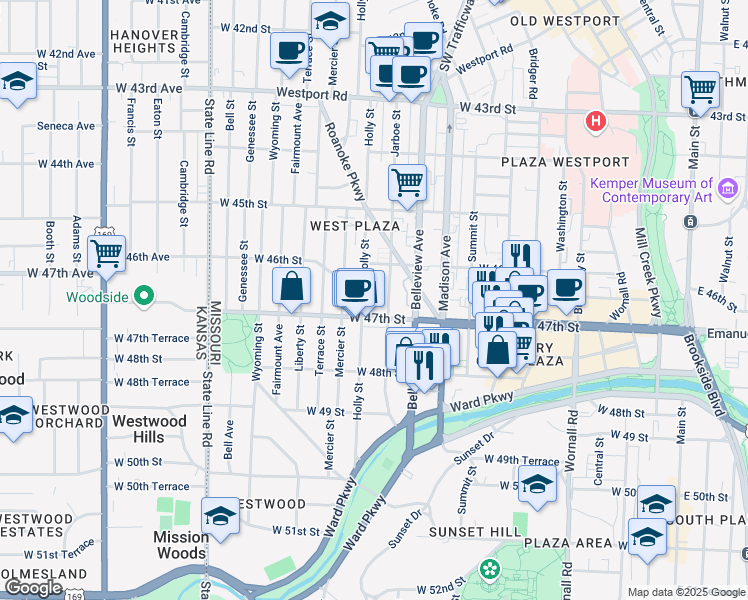 map of restaurants, bars, coffee shops, grocery stores, and more near 4616 Holly Street in Kansas City