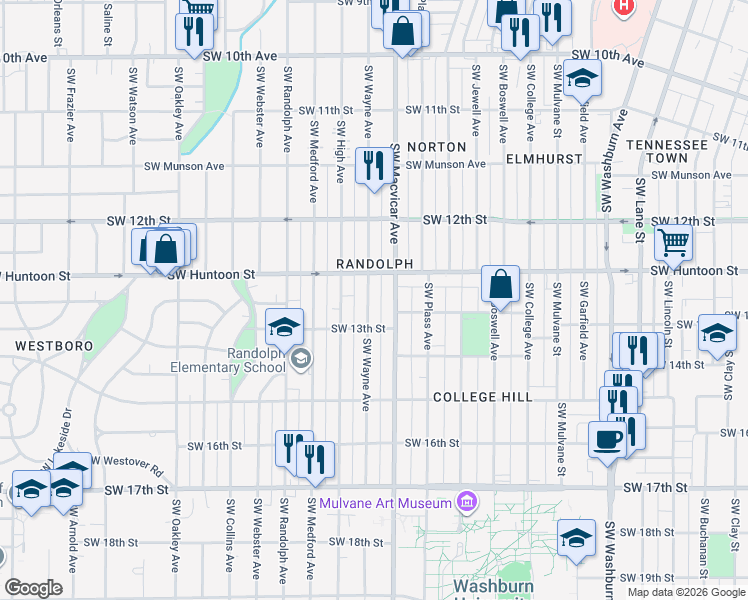map of restaurants, bars, coffee shops, grocery stores, and more near 1261 Southwest Wayne Avenue in Topeka