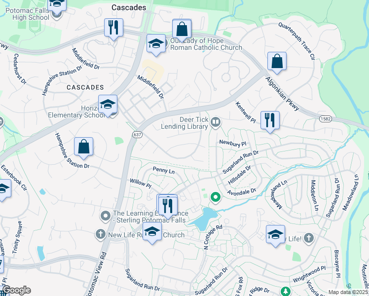 map of restaurants, bars, coffee shops, grocery stores, and more near 46807 Snow Hill Way in Sterling