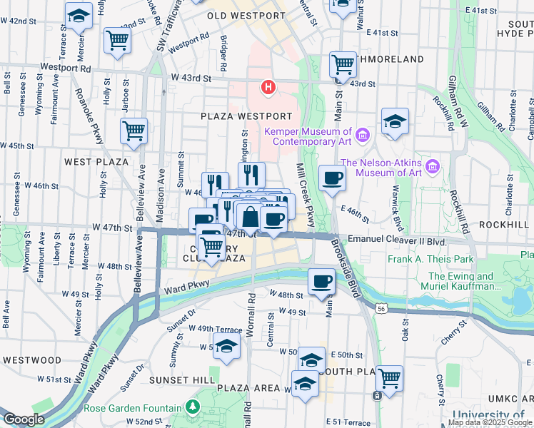 map of restaurants, bars, coffee shops, grocery stores, and more near 333 West 46th Terrace in Kansas City