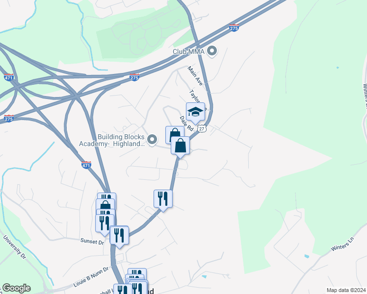 map of restaurants, bars, coffee shops, grocery stores, and more near 212 Highland Trce in Highland Heights