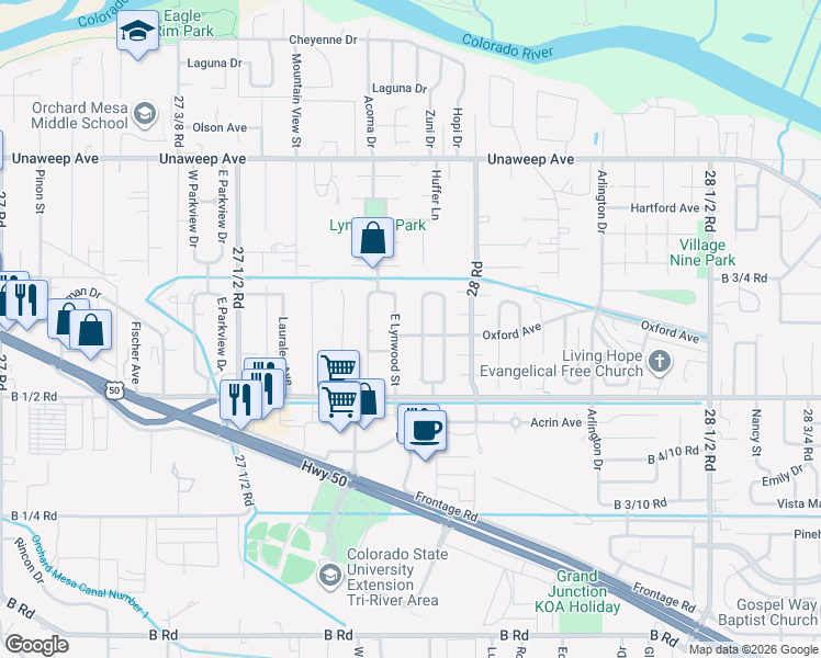 map of restaurants, bars, coffee shops, grocery stores, and more near 2788 Oxford Avenue in Grand Junction