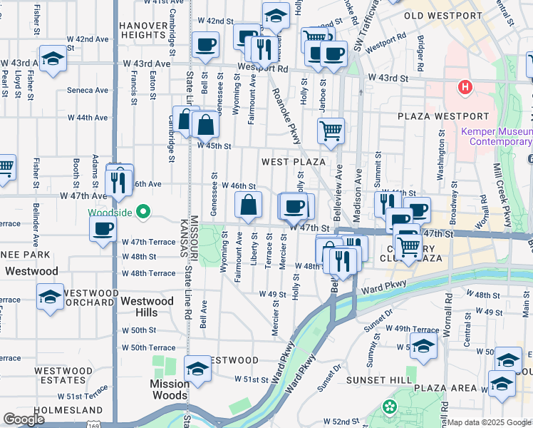 map of restaurants, bars, coffee shops, grocery stores, and more near 4626 Liberty Street in Kansas City