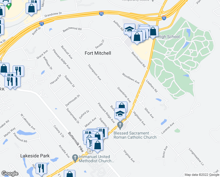 map of restaurants, bars, coffee shops, grocery stores, and more near 48 Thompson Avenue in Fort Mitchell