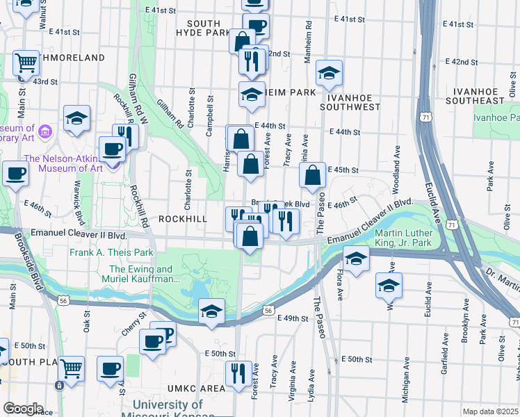 map of restaurants, bars, coffee shops, grocery stores, and more near 1119 Brush Creek Boulevard in Kansas City