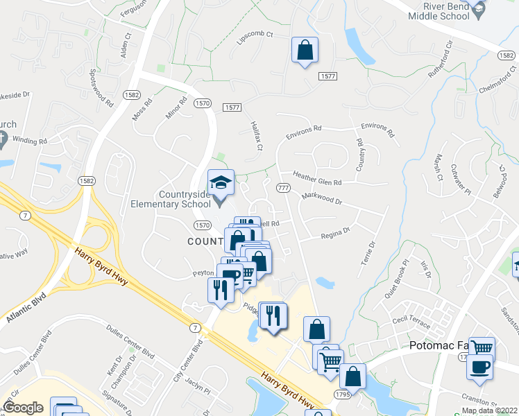 map of restaurants, bars, coffee shops, grocery stores, and more near 18 Hopton Court in Sterling