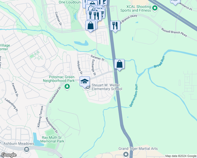 map of restaurants, bars, coffee shops, grocery stores, and more near 20720 Exchange Street in Ashburn