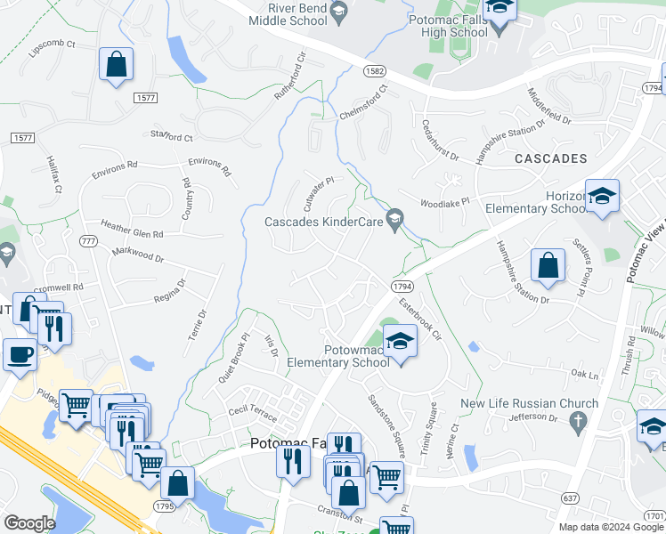 map of restaurants, bars, coffee shops, grocery stores, and more near 46261 Allsbrook Place in Sterling