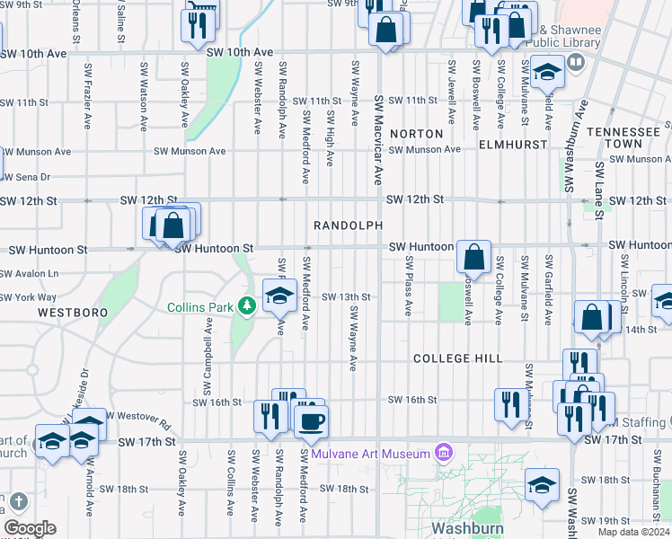 map of restaurants, bars, coffee shops, grocery stores, and more near 1270 Southwest High Avenue in Topeka