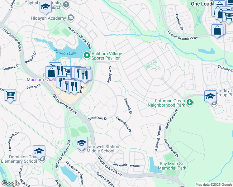 map of restaurants, bars, coffee shops, grocery stores, and more near 20716 Rainsboro Drive in Ashburn