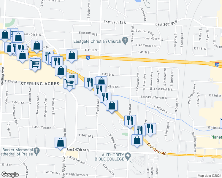 map of restaurants, bars, coffee shops, grocery stores, and more near 12413 East 43rd Street South in Independence