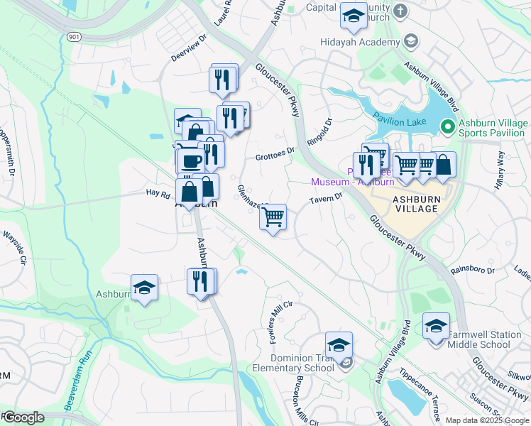 map of restaurants, bars, coffee shops, grocery stores, and more near 43911 Glenhazel Drive in Ashburn