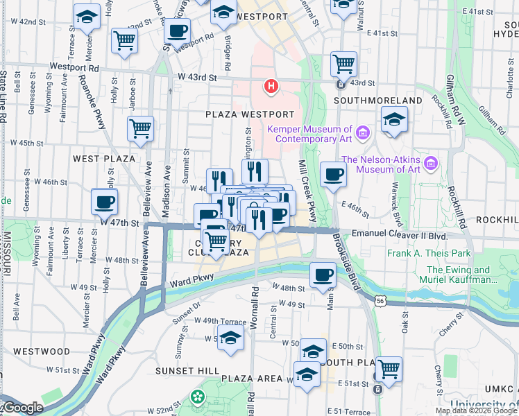 map of restaurants, bars, coffee shops, grocery stores, and more near Broadway & W 46th Terrace in Kansas City