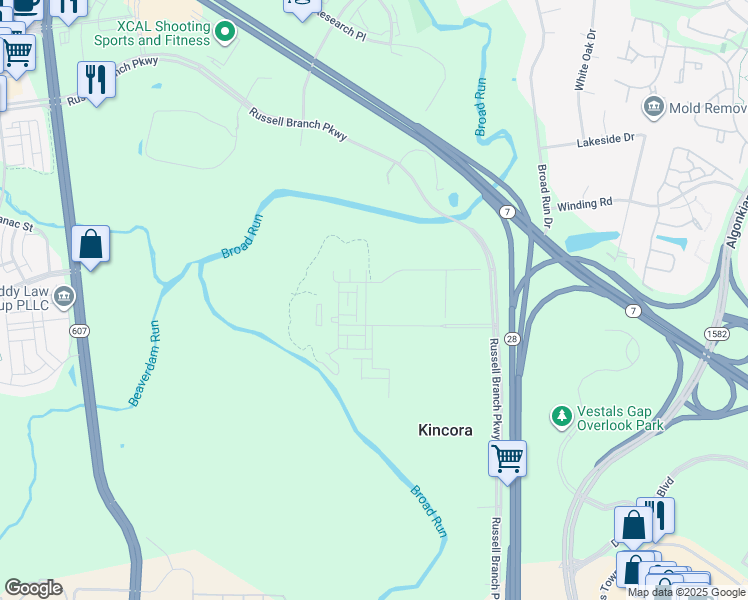 map of restaurants, bars, coffee shops, grocery stores, and more near 45170 Kincora Drive in Sterling