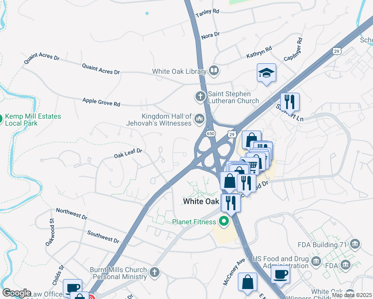 map of restaurants, bars, coffee shops, grocery stores, and more near 11324 Baritone Court in Silver Spring