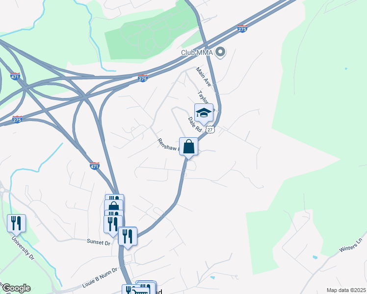 map of restaurants, bars, coffee shops, grocery stores, and more near 12 Crestwood Avenue in Highland Heights