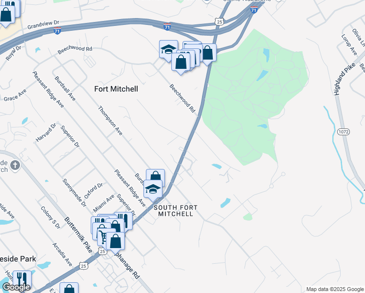 map of restaurants, bars, coffee shops, grocery stores, and more near 1 Woodlawn Avenue in Fort Mitchell