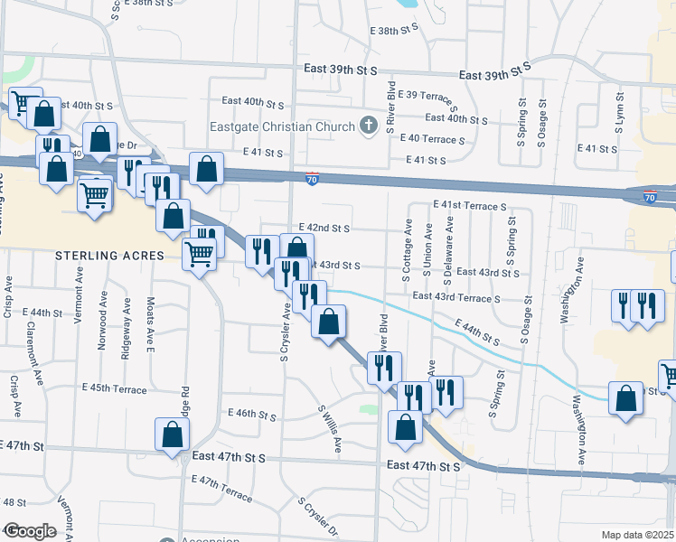 map of restaurants, bars, coffee shops, grocery stores, and more near 12406 East 43rd Street South in Independence