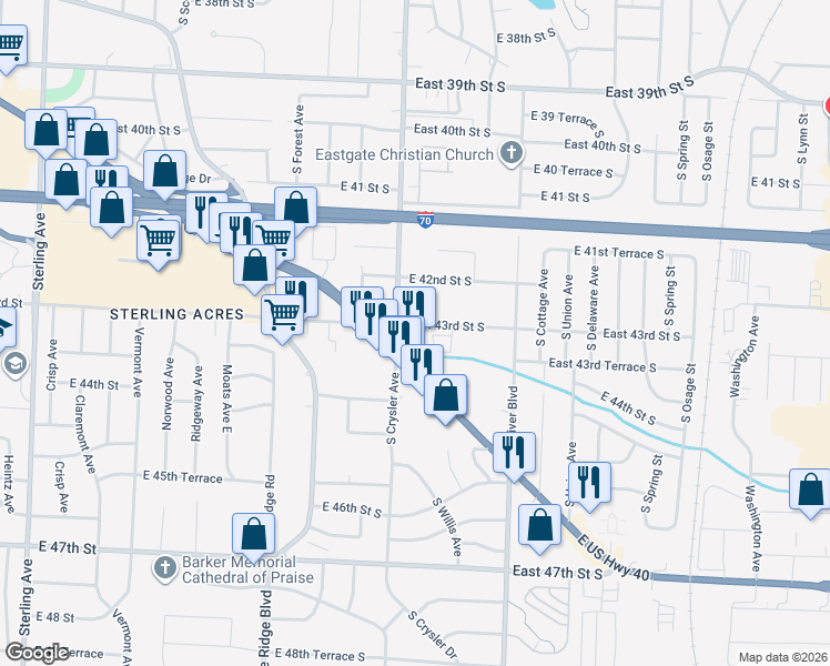 map of restaurants, bars, coffee shops, grocery stores, and more near 12310 East 43rd Street South in Independence