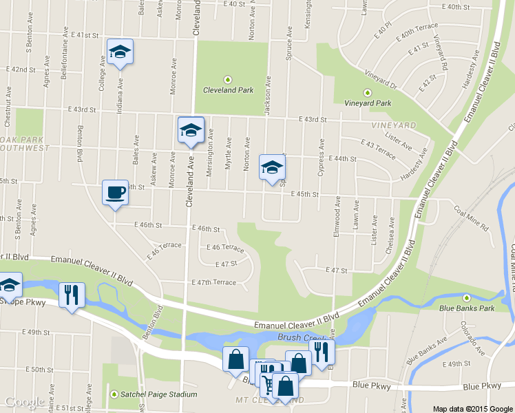 map of restaurants, bars, coffee shops, grocery stores, and more near 4510 Jackson Avenue in Kansas City
