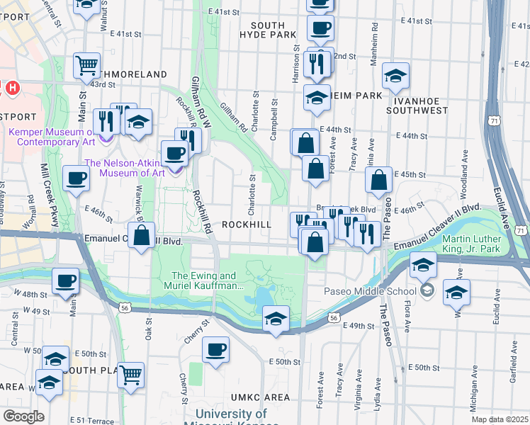 map of restaurants, bars, coffee shops, grocery stores, and more near 901 Brush Creek Boulevard in Kansas City
