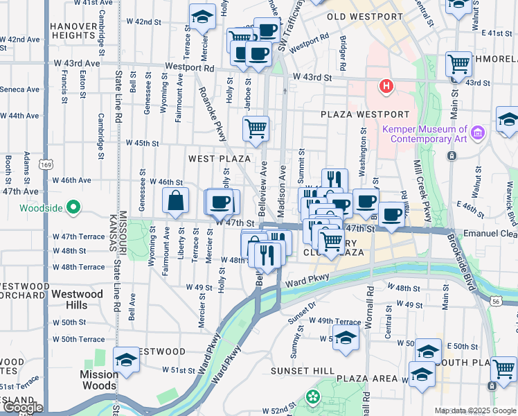 map of restaurants, bars, coffee shops, grocery stores, and more near 4614 Roanoke Parkway in Kansas City