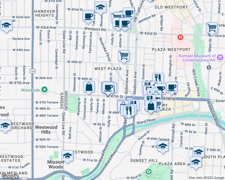 map of restaurants, bars, coffee shops, grocery stores, and more near 4616 Holly Street in Kansas City