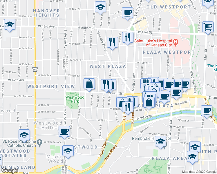 map of restaurants, bars, coffee shops, grocery stores, and more near 4616 Holly Street in Kansas City