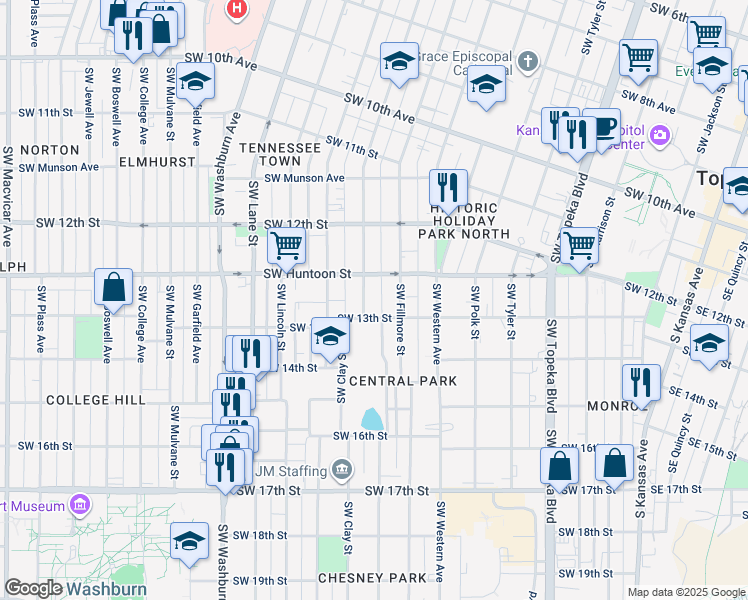 map of restaurants, bars, coffee shops, grocery stores, and more near 1255 Southwest Clay Street in Topeka