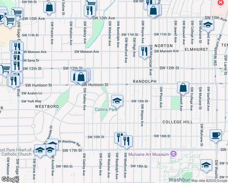 map of restaurants, bars, coffee shops, grocery stores, and more near 1266 Southwest Collins Avenue in Topeka